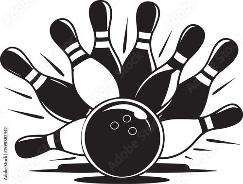 Vintage Bowling Ball Hitting Pins – Sports Silhouette vector.