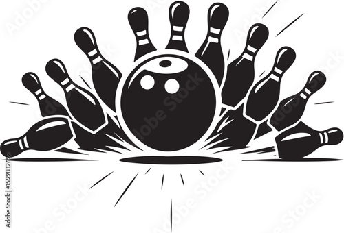 Vintage Bowling Ball Hitting Pins – Sports Silhouette vector.