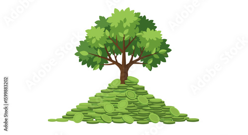 Flat vector illustration of big tree growing on pile of green coins, symbolizing sustainable investment, eco wealth, financial growth, green economy, and environmentally responsible finance.

