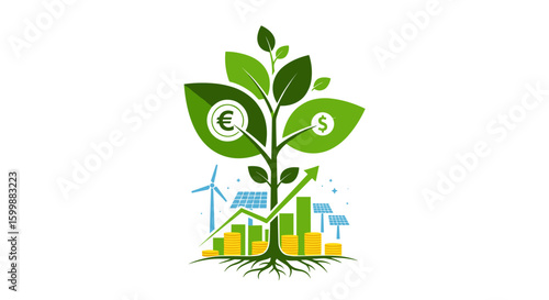 Flat vector illustration of green investment with money tree, solar panels, wind turbine, and financial growth chart, symbolizing ESG, sustainable finance, clean energy, and eco economic strategy.

