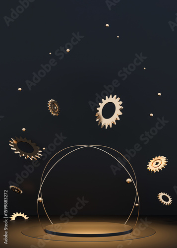 Steampunk mechanism. 3d render illustration. Gears, flying metal spheres and gold rings. Engine Mechanical Parts. Podium, pedestal on dark background. Steam punk cogwheels components of clockwork	

