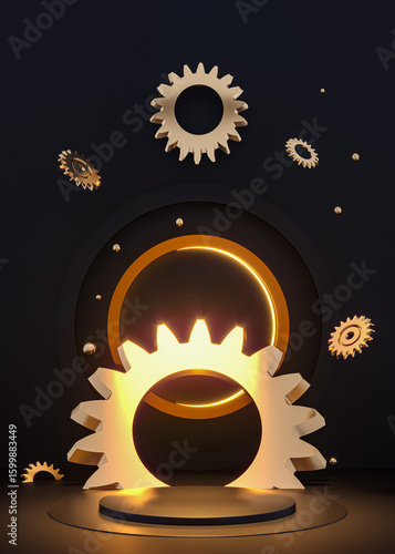 Steampunk mechanism. 3d render illustration. Gears, flying metal spheres and gold rings. Engine Mechanical Parts. Podium, pedestal on dark background. Steam punk cogwheels components of clockwork	
