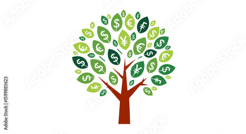 Flat vector illustration of money tree with green leaves in dollar sign symbolizing sustainable finance, economic growth, investment return, eco wealth, and environmental financial strategy.
