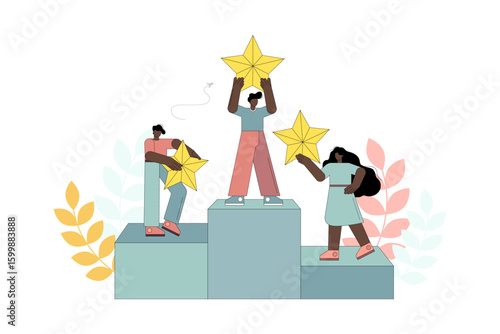 Business concept, team leader, movement to success, flat people happy to be winners, successful career, high rating. Vector.eps