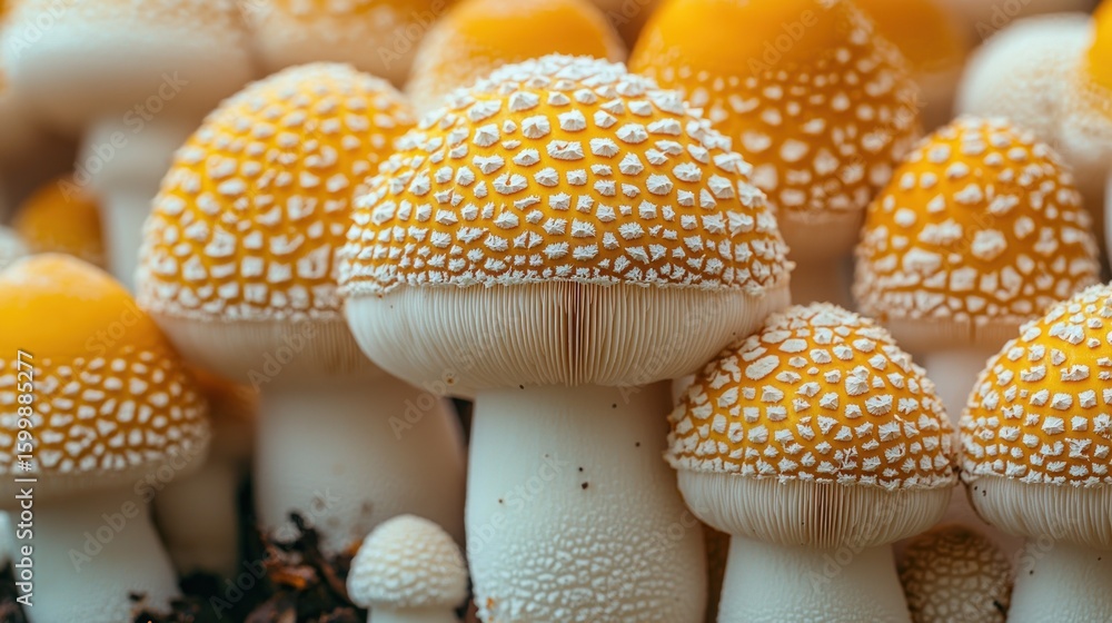 Obraz premium Close-Up Shot of Cluster of Yellow Mushrooms, Detailed Texture and Cap, White Stems, Nature Photography