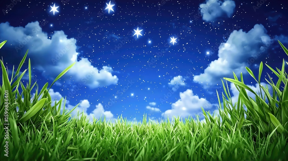 Fototapeta premium Night Sky over Lush Green Grass Starry Blue and White Cloudscape