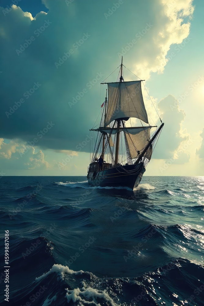 Fototapeta premium A lone figure stands at the helm of an empty ship, sails furled, the ocean vast and unforgiving A metaphor for leadership loss, uncertainty, and the daunting task ahead , gone, despair, destination