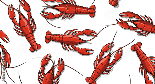 Seamless pattern of red crawfish with black outline isolated on white background