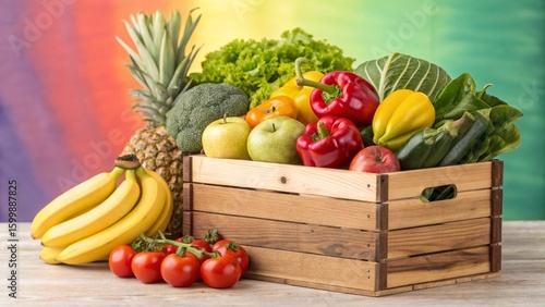 Basket of fresh, organic fruits and vegetables including apples, tomatoes, peppers, onions, and garlic for a healthy diet