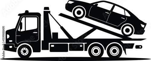 Vector Flatbed Tow Truck with Car: Vehicle Recovery, Roadside Assistance & Transport.