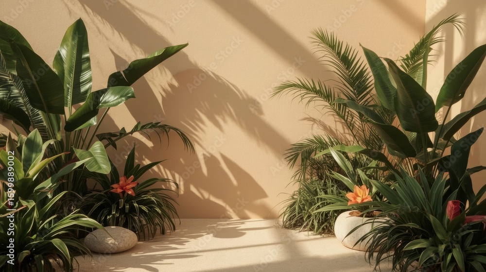 Fototapeta premium Tropical Garden Oasis: A vibrant assortment of lush, green tropical plants, creating a serene, natural sanctuary in a modern, minimalist setting.