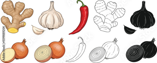 Stock illustration of ginger garlic onion and chili pepper for cooking and healthy eating