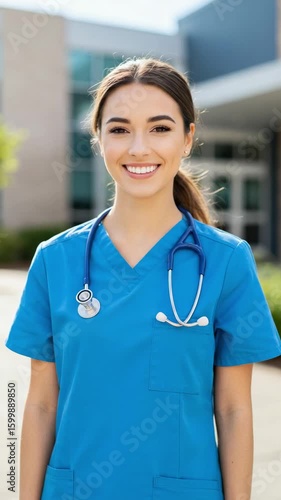 Portrait of a beautiful young female nurse in blue scrubs with a stethoscope. Confident Hispanic healthcare professional smiling outside a modern hospital building.