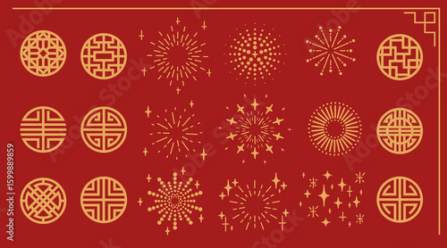 Golden circle patterns on red bg - traditional Chinese and Japanese geometric designs, fireworks, stars bursting. Oriental decorative emblems with lattice circles for lunar new year, Asian festivals