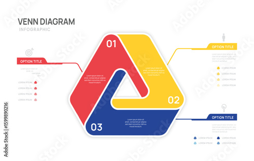 infographic business Venn diagram circle chart template 3 steps options, presentation with venn diagram elements vector illustration.