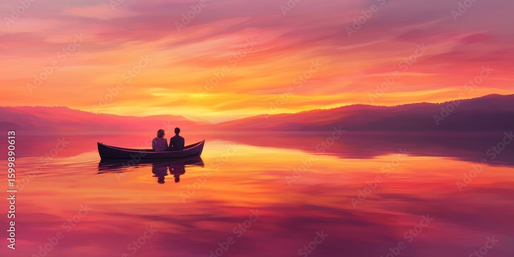 Couple is in a boat on a lake at sunset Couple is in a boat on a lake at sunset
