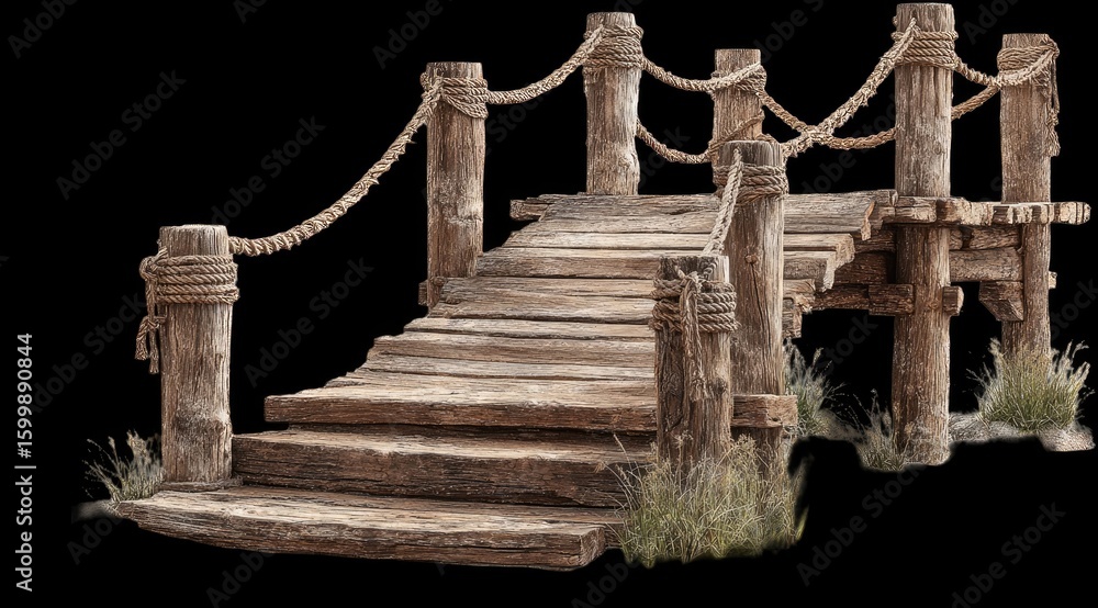 Fototapeta premium Wooden pier stairs with weathered wood and ropes