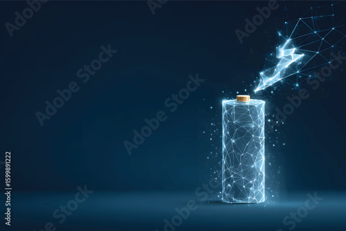 Low-poly illustration of an electric battery with a lightning icon on a dark blue background