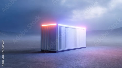 An innovative storage container illuminated with red and blue lights, set against a backdrop of a dramatic landscape. The container has a modern design with a striking visual impact