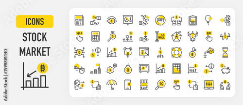 Stock market icons. Ratio, Protection, Benefit, Gdp, Transaction, Investing, Stock, Hourglass, Risk, Trend, Market Fluctuation, Newspaper , Bid, Find vector stock illustration.	
