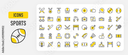 Sports icons. Start Line, Basketball, Dumbbell, Dart Board, Tennis, Criquet, Podium, Medal, Shuttlecock, Bowling, Reward, Tshirt, Boxing Gloves, Cricket vector stroke illustration.	
