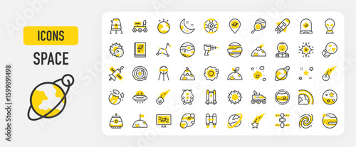 Space icons. Atmosphere, Comet, Star, Milky Way, Alien, Nebula, Space Gun, Constellation, Space Station, Falling Star, Book, Rocket Launch, Research, Gravity vector stroke illustration.	

