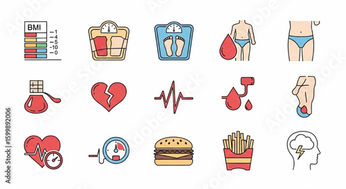 Obesity Health Risks Line Icon Set – Vector BMI Chart, Diabetes, Cholesterol, Blood Pressure & Mental Health Symbols