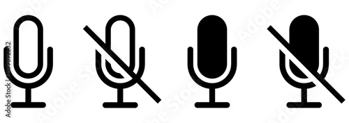 set of outline and vector icons showing microphone and muted microphone. minimal black line symbols for audio, voice input, podcast, mute and sound settings. icons, vector, symbols.