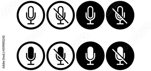 set of outline and vector icons showing microphone and muted microphone. minimal black line symbols for audio, voice input, podcast, mute and sound settings. icons, vector, symbols.