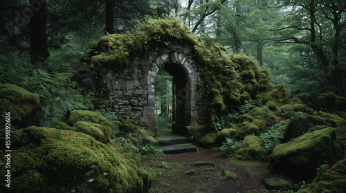 A ancient stone gate covered in moss in an enchanted forest with a different composition