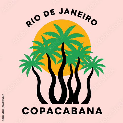Tropical sunset scene. Copacabana beach art. Amazing brasil. Rio de janeiro. Summer vibes artwork. Wave palm tree artwork. Tropical vibes t shirt artwork. Paradise. 