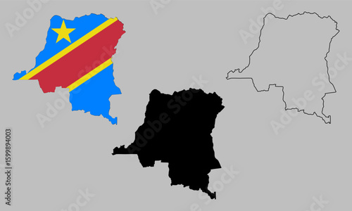 Democratic Republic of the Congo map in outline style, black color, color of country flag version