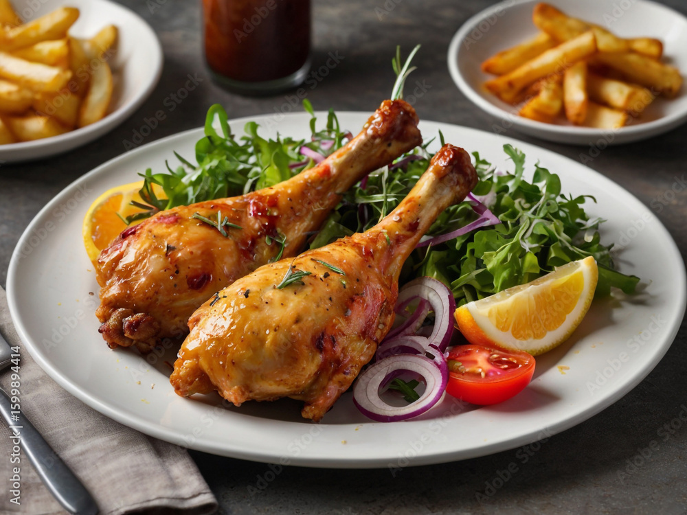 Roasted chicken legs with salad and french fries orange slice Roasted chicken legs with salad and french fries orange slice