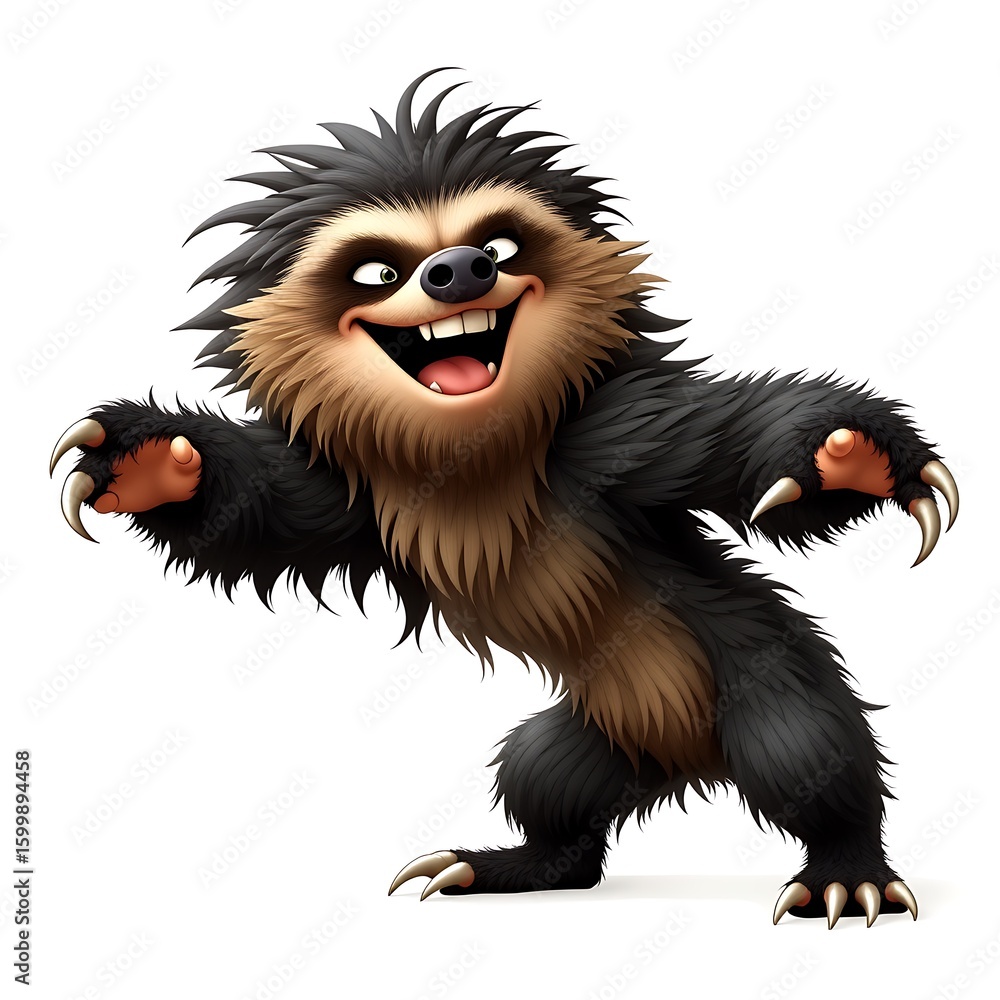 Fototapeta premium Photo of a cheerful cartoon sloth with spiky fur and large claws, dancing happily on a white background