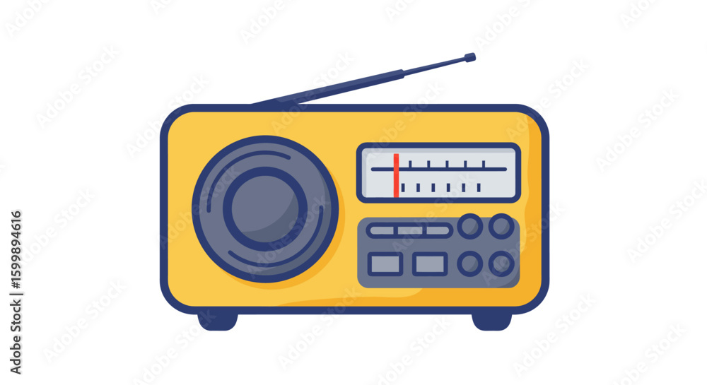 Fototapeta premium Flat icon image of old yellow radio, bold blue outline, isolated on white