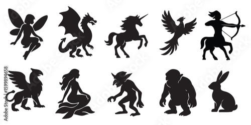 Mythical creatures and animals silhouette collection fairy dragon