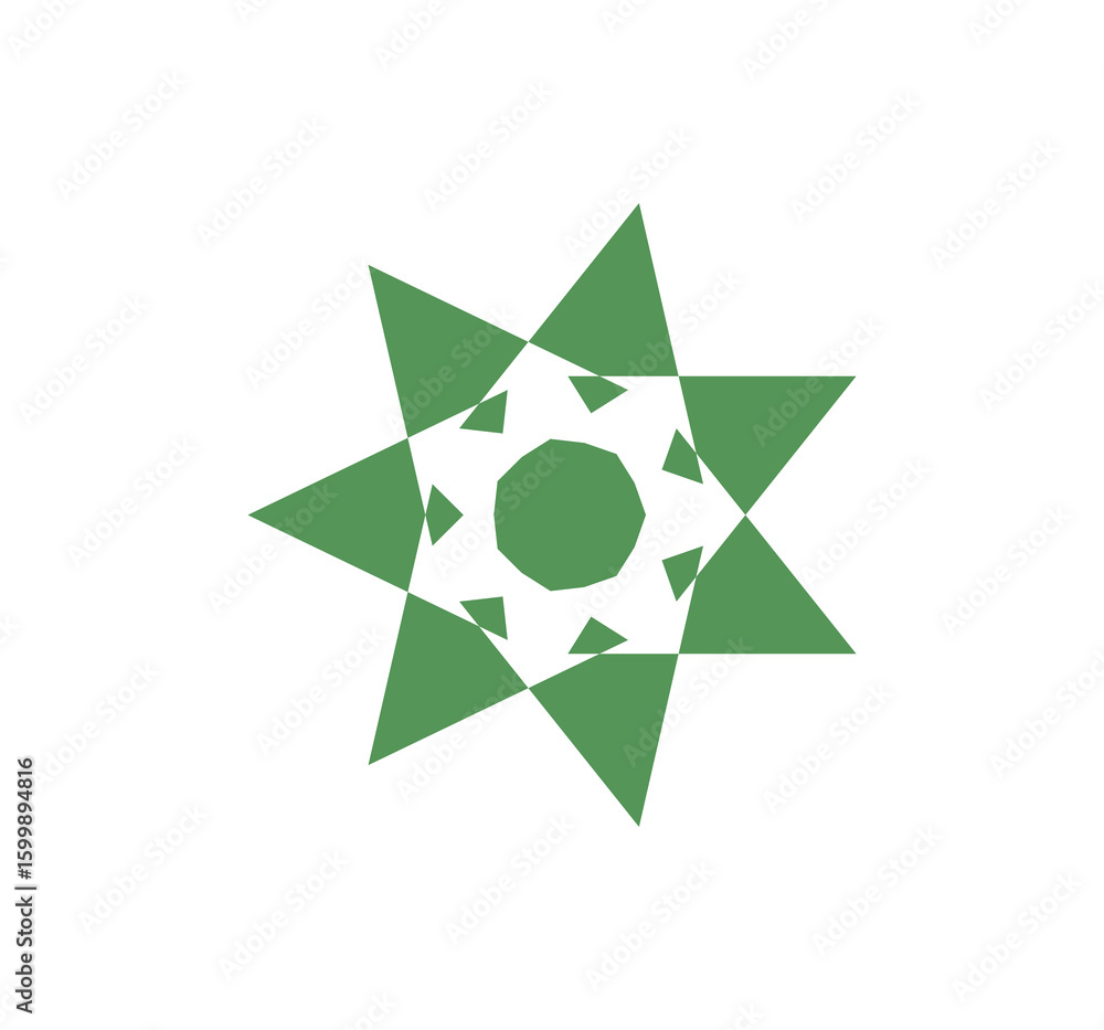 Obraz premium Green abstract eight-pointed star shape with layered polygonal elements. Modern decorative symbol for Islamic art, logos, or pattern design
