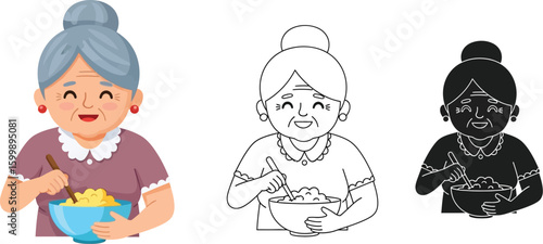 Illustration of happy grandma eating cereal from bowl in color outline and silhouette style vector art vector