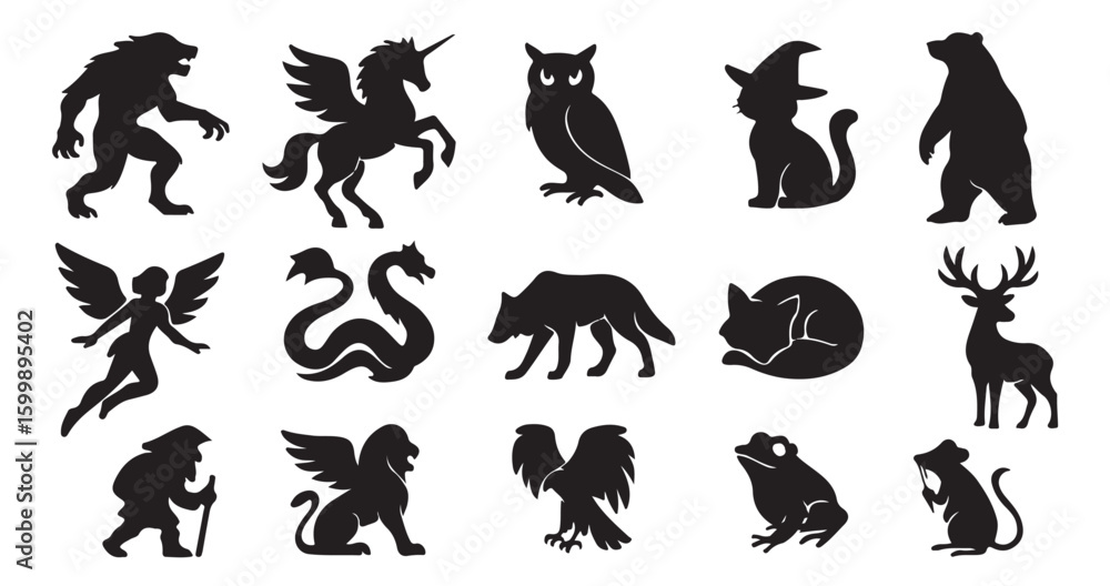 Obraz premium Mythical creatures and animals silhouettes werewolf unicorn