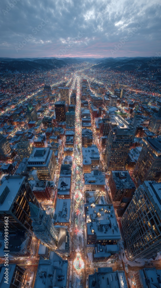 Obraz premium Aerial view of a snowy city glowing with warm holiday lights at dusk with traffic and festive ambiance perfect for winter celebration visuals and New Year season campaigns