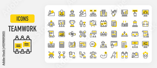 Teamwork icons. Effort, Push, Team, Planning, Analysis, Conflict, Chat, Meeting, Presentation, Task, Challenges, Schedule, Office, High Five, CRM, Hybrid vector stroke illustration.	
