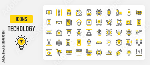 Technology vector icons. Hammer Drill, Water Heater, Pen Tablet, Air Conditioner, Smart Energy, Digital Wallet, Solar Panel , Sim Card, Power Bank, Green Energy, Fax vector stroke illustration.	
