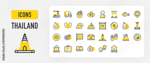 Thailand icons. Doi Suthep, Temple, Tuk Tuk, Buddhist, Suitcase, Fish, Avocado, Durian, Elephant, Giant Swing, Gong, Green Curry, House, Khanom Chan vector stroke illustration.	
