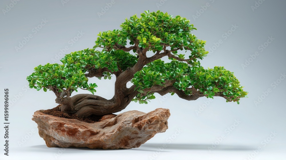 Fototapeta premium Bonsai tree, miniature Japanese garden plant in a rustic stone pot. Zen aesthetic nature photography, organic green foliage and twisted wood texture.