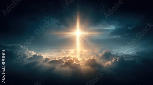 Bright Cross Beam Shining Through Clouds Against Dramatic Sky Scene at Dawn.