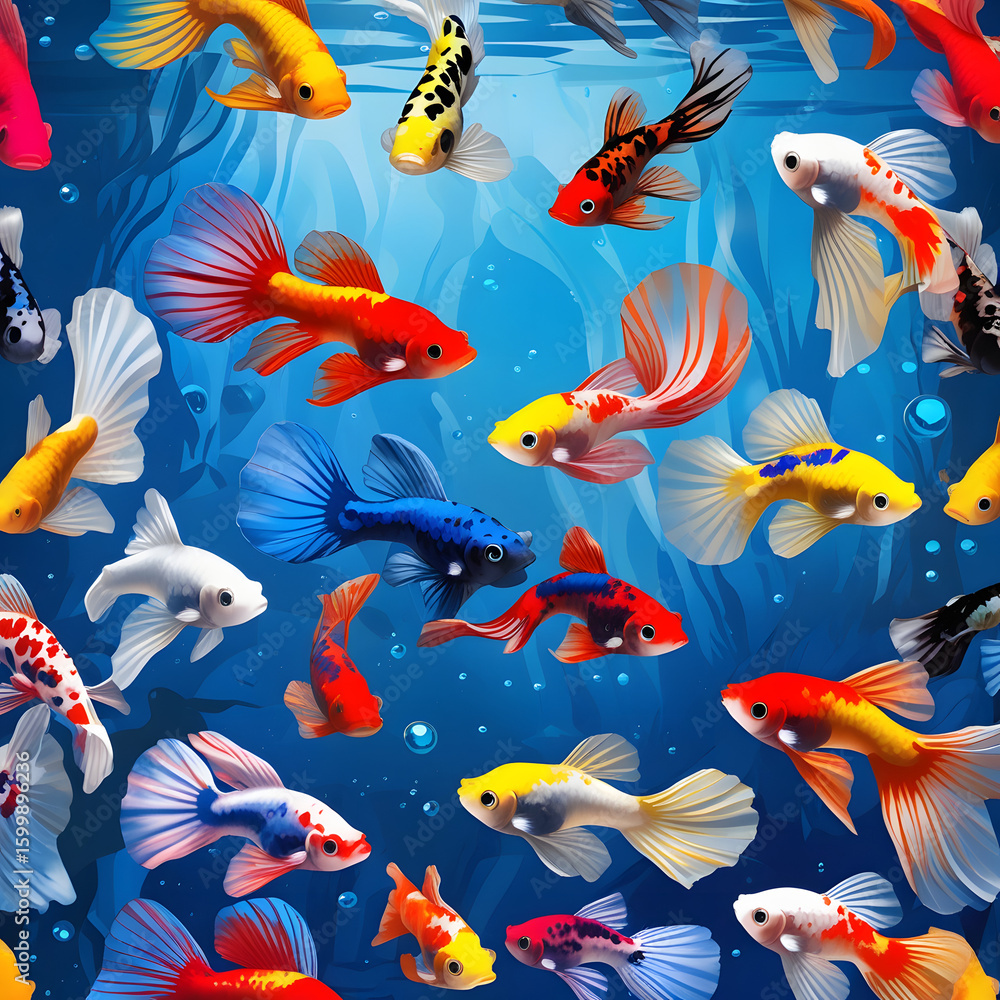 Naklejka premium Seamless pattern with marine life: fish, octopus, dolphin, starfish, crab, shark, and turtle in a cartoon underwater illustration