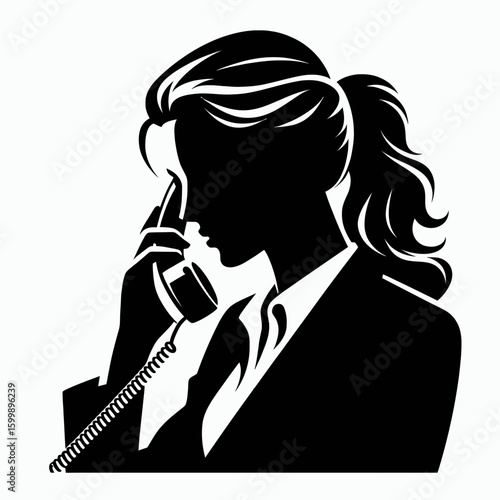 Business woman answering phone. Corporate Finance Cartoon Minimal Clipart Line Art Vector Illustration. Female worker takes call professional at job office communication phone support.