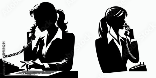 Business woman answering phone. Corporate Finance Cartoon Minimal Clipart Line Art Vector Illustration. Female professional taking call at work using cellular mobile gadget.