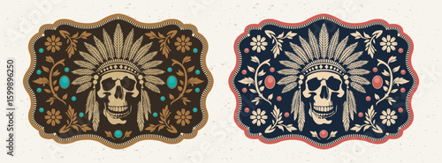Skull with Feathered Headdress Label belt buckle old west cowboy style apache tag design stylized silhouette gemstones Accents