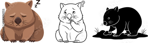 Cute wombat cartoon character illustration set sleeping thinking digging vector design for kids learning 100 vector